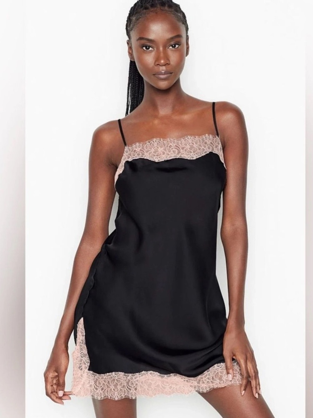 Victoria’s Secret Black Satin Lace Trim Slip Dress Size Large L